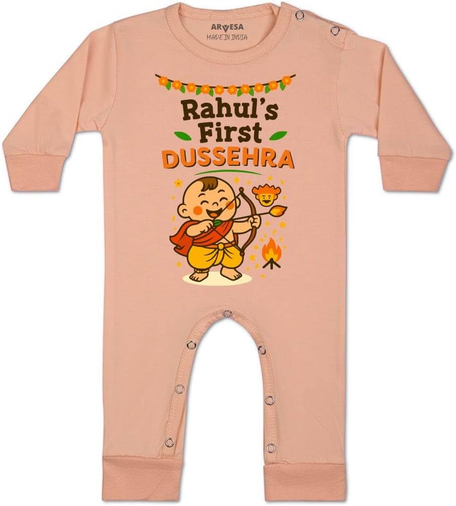 Customised My First Dussehra JS-2071 Bodysuit, Sleepsuits, Rompers For New Born Baby Clothes 0-3 Months Unisex Stylish Dress For Baby Boy & Girl, Newborn Infant Outfit