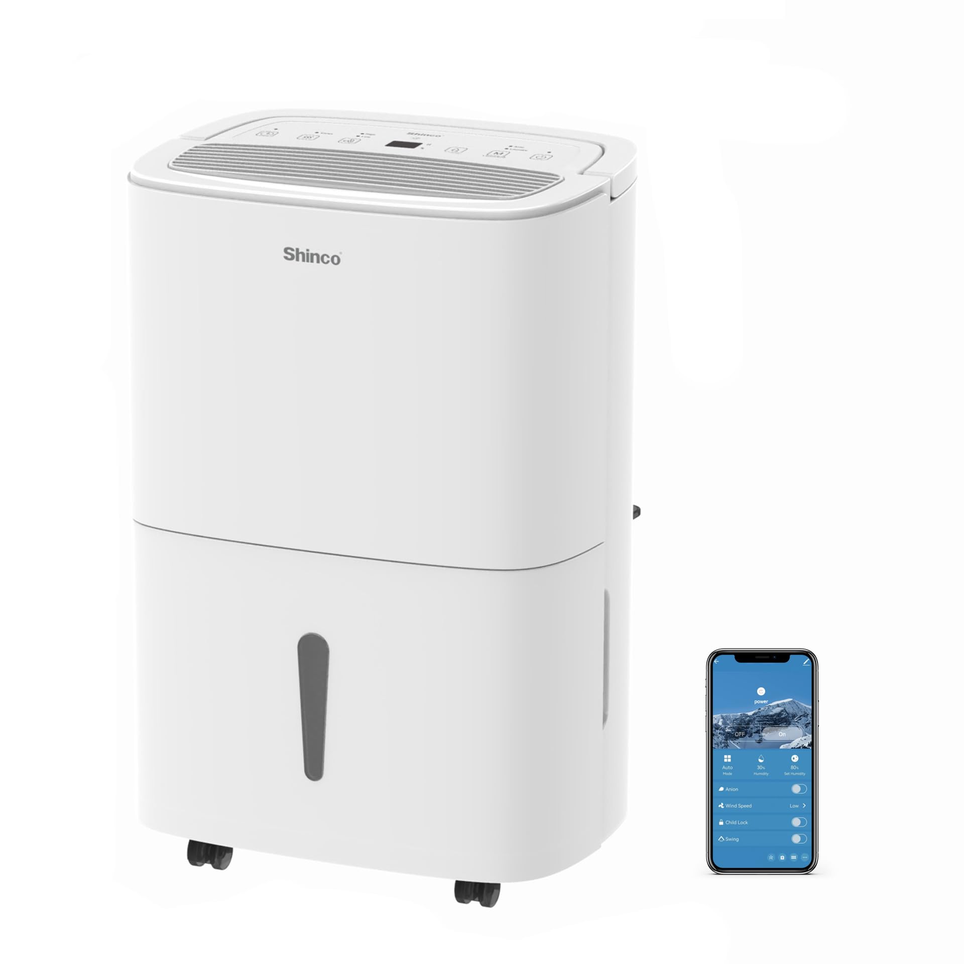 Shinco WIFI Deumidificatore Portatile 30L/Giorno, Purificatore d'aria, Filtro a Carbone Attivo, Timer 24 Ore, Scarico Continuo, Funzione Asciugatrice, Bianco