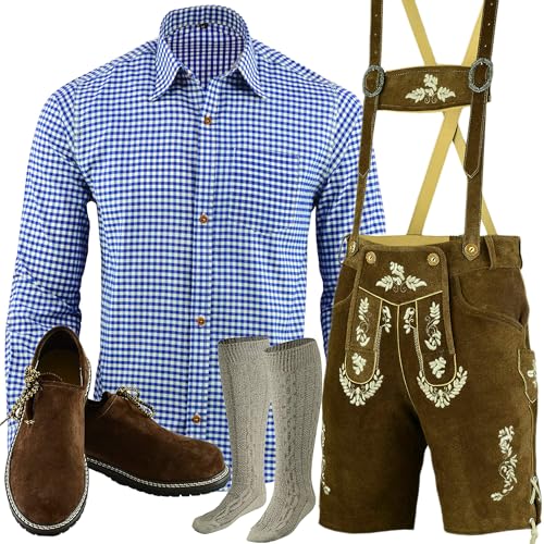 Speed4allkinds Herren Trachten Lederhose Kurz+Träger Größe 46-60 Trachten Set 5 Teilig Bayerische Trachtenlederhose,Hemd,Schuhe,Socken Neu LE27 (Hose 46 Blau Hemd S Schuhe Socken per Mail)