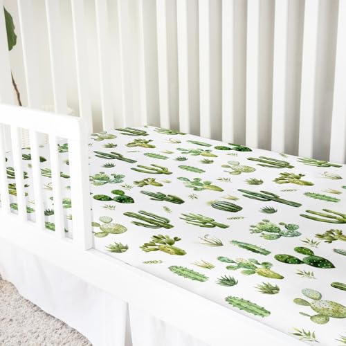 Image of Watercolor Green Cactus Baby Crib Sheet 52''x28'' Boho Cactus Leaves Stretchy Fitted Crib Mattress Cover for Boy Girl Wild Desert Plants Soft Baby Bed Sheets for Standard Crib and Toddler Mattress