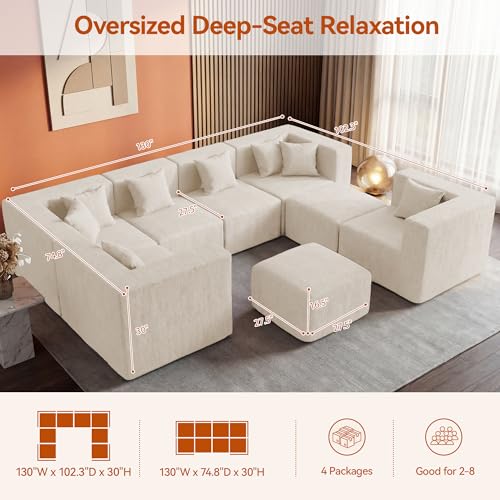Image of MONVANE Modular Sectional Sofa, Oversized 8 Seat Convertible U Shaped Couch with Ottoman, Comfy Chenille Cloud Couch with Deep Seat, Sectional Couches for Living Room, No Assembly Required, Beige