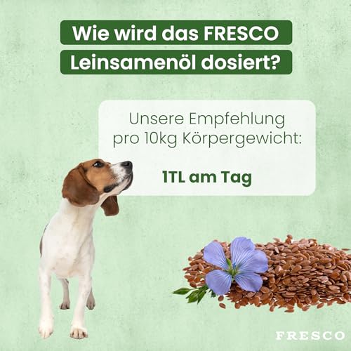 FRESCO Dog Premium Leinöl Hunde 250ml | Kaltgepresstes Omega 3 Öl mit Vitamin E | Natives Barf Öl ohne Zusätze | Abgefüllt in Deutschland