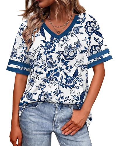 Image of WIHOLL Womens T Shirts Loose Fit Short Sleeve Tees V Neck Color Block Summer Tops 2026 Fashion S-4XL