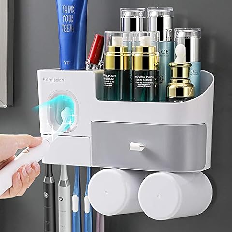 Lepeiqi Toothbrush Holders for Bathrooms Toothbrush Holder wall Mounted with Automatic Toothpaste Dispenser Toothbrush Toothpaste Bathroom Organizer 2 Cups 7 Brush Slots Large Tray with Drawer Cover