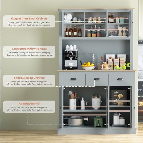 Image of MU 71 inch Kitchen Pantry Cabinet with Charging Station, Tall Pantry Hutch with Drawers, Countertop & Microwave Shelf, Food Storage Cabinet for Dining Room & Coffee Bar, Grey