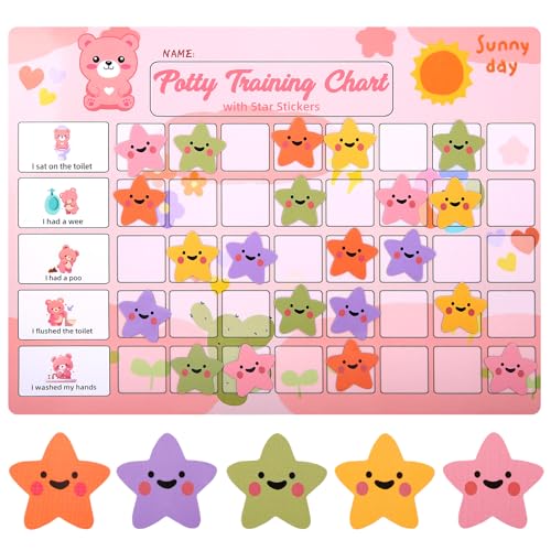 Potty Training Chart for Toddlers with 40 Large Reusable Magnetic Star Stickers, Interactive Reward Chart for Toilet Training (Pink Bear)