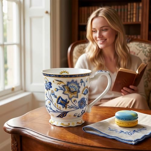 Taza de porcelana con diseño floral azul de 11.8oz miniatura 3