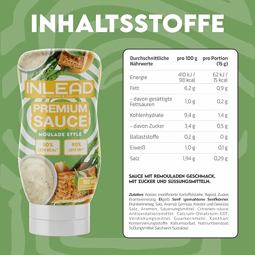 INLEAD - Premium Sauce - Light Sauce | 80% weniger Kalorien & 90% weniger Zucker | Perfekt Zur Diät | Kalorienarme Ernährung | Vegan | Glutenfrei | Laktosefrei - 350ml (Moulade Style)