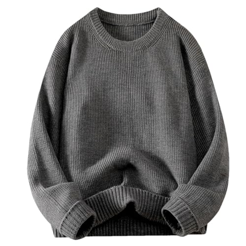 Men Knitted Crew Neck Sweater Ribbed Neckline Thick Warm Loose Daily Pullovers