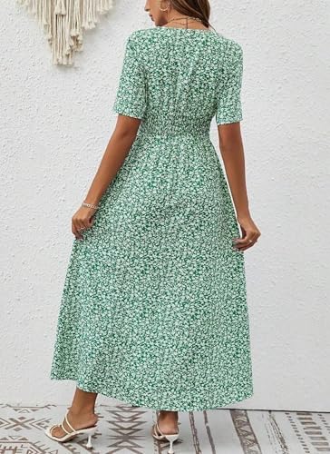 Women's Summer V-Neck Boho Floral Print Midi Dress Button Up Slim Beach Vacation Casual Midi Dress4