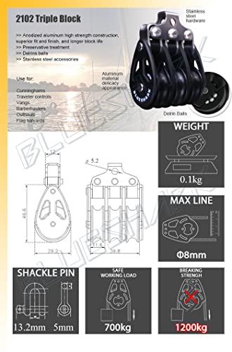 Blue Shark-Sailing Pulley Blocks Ball Bearing 28mm Triple Fixed 2102