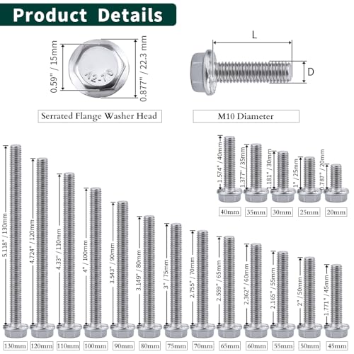 Image of M10-1.5 x 70mm Hex Flange Bolt (2.76 inch Thread Length), DIN6921, Serrated Locking Flange, 304 Stainless Steel, UNC Full Thread, 8-Pack