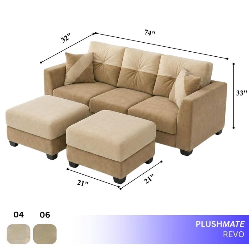 Image of Revola 5 Seater L Shape Sofa Set with 2 Movable Ottomans | Flexible Layout | Luxury Velvet Suede Fabric | Modern Living Room Sofa | Beige-Cream