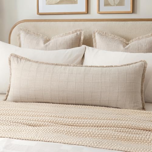 Image of Foindtower Set of 1 Decorative Linen Check Fringe Throw Pillow Cover Cozy Farmhouse Body Cushion Cover Modern Boho Home Decor for Sofa Chair Couch Bedroom Living Room Outdoor,14x36 Inch,Natural Linen