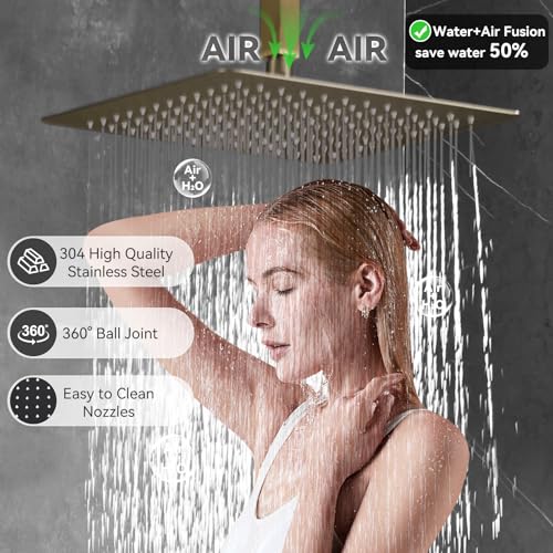 Image of Shower System Brushed Gold Dual Shower Head with Body Jets, Oupukle Four Modes Shower Faucet Set Ceiling Mount 12 inch Rain Shower Head & 6 inch Wall Mounted Head with 6PCS Body Jets
