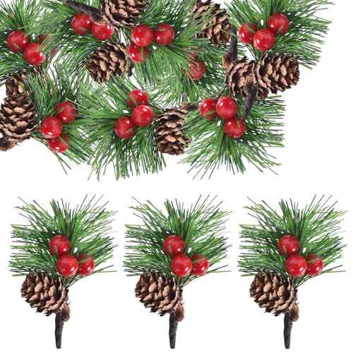 Colexy Navidad Decorativas - 20 Piezas Ramas de Pino Artificiales con Bayas y Piñas, Decoración Navideña para Arreglos Florales, Coronas Festivas, Árboles de Navidad y Decoración del Hogar