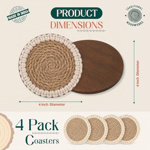 Image of Jute Bloom Coaster Set of 4 | 4x4 Inch Round Natural Beige Jute Coasters with Sea Shell Boho Design | Tea Coffee Mug Glass Cup Coasters for Dining Table & Hot Pots, Kitchen & Home Decor