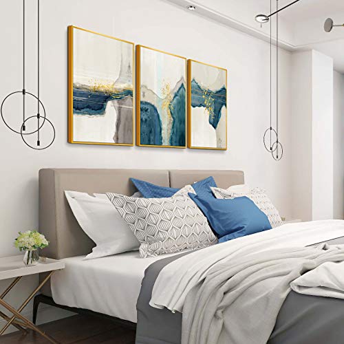 ARTLAND Turquoise Abstract Canvas Wall Decor for Living Room 3 Pieces Gold Liquid Marble Framed Wall Art Canvas Prints for Bedroom Home Decoration Ready to Hang 24x48inches