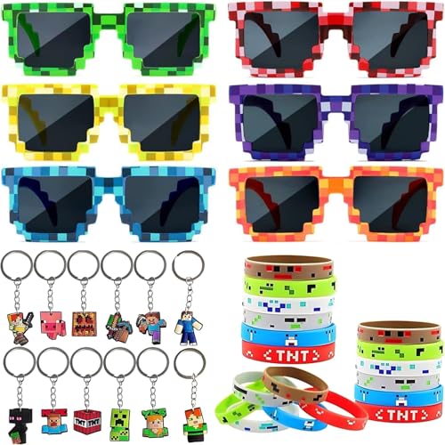 HYZMSZA Videojuegos Fiesta Cumpleaños Niños Regalos, Regalos Fiesta los Niños, Videojuegos Cumpleaños de Regalo, Llaveros Gafas de Píxeles Pulseras, Videojuegos Artículos de Fiesta
