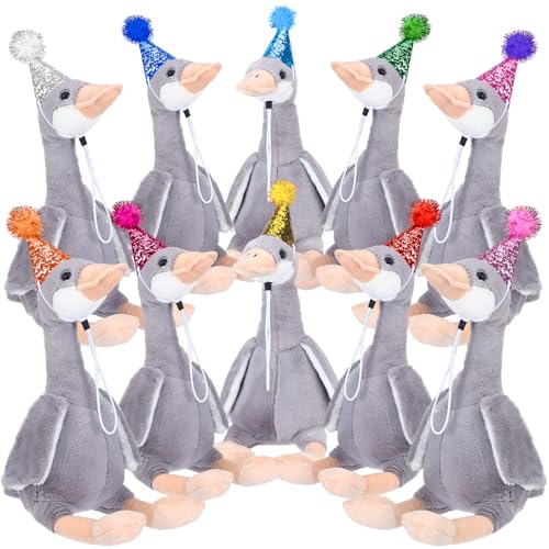 Leyndo 10 Pcs One Silly Goose Birthday Party Favors 12 Inches Soft Goose Stuffed Animal with Mini Small Birthday Hats Plush Bulk Gray Sitting Duck Gifts for 1st Party Decoration