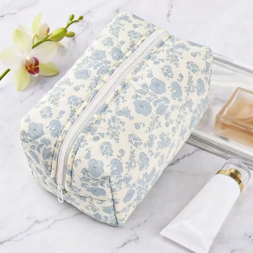 Image of Floral Quilted Makeup Bag - Cosmetic and Skincare Product Pouch, Fashionable Travel Puffy Coquette Makeup Bag, Small Cute Attractive Blue