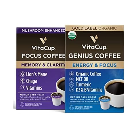 Vitacup Genius Gold & Focus Mushroom Coffee 32 Pod Bundle | Energy & Focus |Superfood & Vitamins Infused | Variety Pack of (2) 16 Count Single Serve Recyclable Pods Compatible with K-Cup Brewers Cover