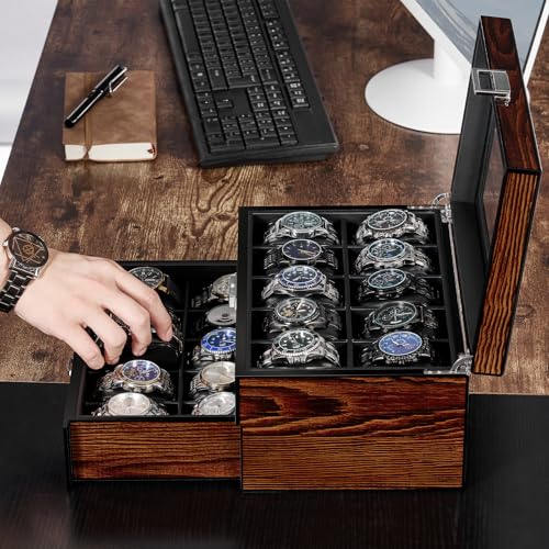 BEWISHOME Watch Box, 20-Slot Watch Case with Large Glass Lid, Wooden watch cases for men, Watch Storage, Watch Organizer, Synthetic Leather Interior, Brown ESSH04Y