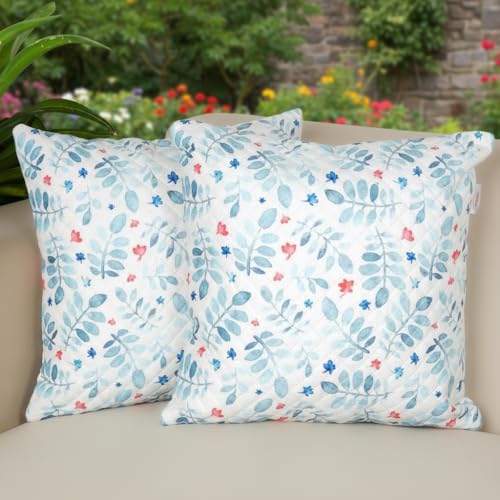 Image of STITCHNEST 'QuadraNest' Series Printed Quilted Velvet Cushion Cover 16x16 Inch Set of 2 | Premium Soft Fabric, Washable & Fade Resistant | Decorative Living Room Cushion Covers | Blue Floral