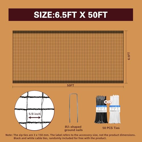 Image of Deer Fence Netting,Plastic Mesh Fence 6.5x50ft,Reinforced Edges 55gsm Heavy Duty Animal Barrier,Ideal for Garden Netting,Against Bird,Temporary Fence,Fruit Plant Protection,Black