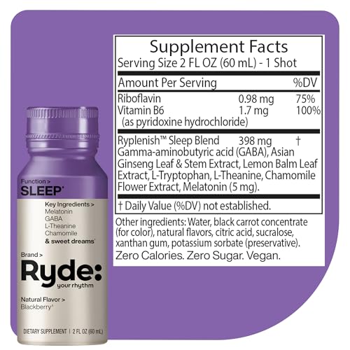 Image of Ryde: SLEEP | 2oz Sleep Shot for Occasional Use | Melatonin, GABA, L-Theanine & Chamomile | Blackberry Natural Flavor | Sugar-Free, Zero Calories, Vegan | Manufactured in USA (8 Pack)
