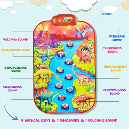 Image of Wembley Dinosaur Musical Mat for Kids Ages 3+ Baby Piano Play Mat Musical Keyboard with 8 Dinosaur Sounds Early Learning Educational Toys Birthday Gift for Boys Girls - 86 x 52 cm