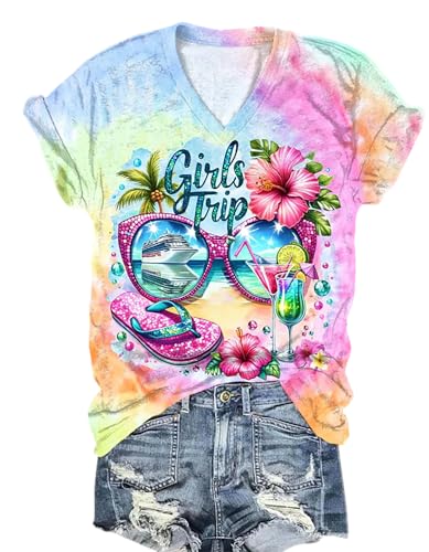 BOMYTAO Girls Trip 2025 Shirt for Women Tropical Cruise Trip Tie Dye T-Shirt Palm Trees Sunglasses Graphic Beach Vacation Tee