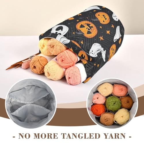 Image of Tatenale Crochet Bag Yarn Bag Knitting Project Bag with Pockets and Handle Portable Yarn Storage Organizer Tangle Free 8.3x11 InchGothic Halloween Ghost Pumpkin and Spider Web04