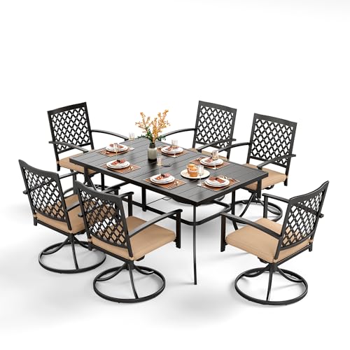 Image of PHI VILLA 7 Pcs Outdoor Dining Set for 6&59 inch Rectangle Metal Steel Table | Swivel Wrought Iron Chairs with Cushions, Outside Furniture Set for Patio, Deck, Yard, Porch