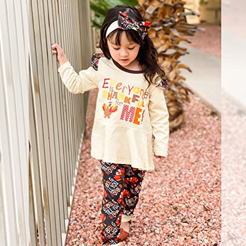 HINTINA Toddler Baby Girl Thanksgiving Outfits Ruffle Turkey Dress Top Pants Headband 3PC Fall Winter Clothes Set3