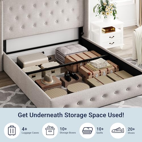 Image of Allewie Full Size Lift Up Storage Bed, Button Tufted Headboard with Wingback, Hydraulic Support, No Box Spring Needed, Light Beige