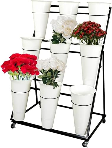 Miniatura 3 de Soporte de exhibición de flores, soporte de metal para plantas con cubos, estante de carrito de plantas móviles de alta resistencia, para patio,