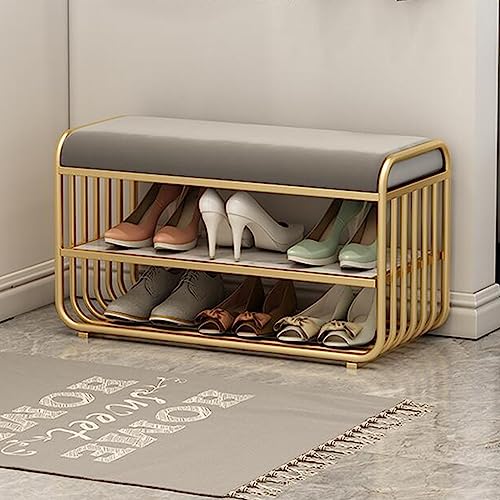 Banco zapatero de terciopelo de dos niveles para entrada, otomana tapizada con zapatero, estructura de metal, moderno y cómodo banco al final de la cama para sala de estar, pasillo y dormito