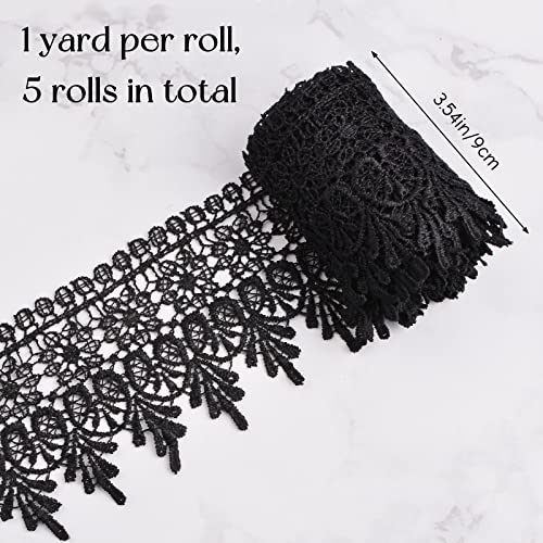 URROMA 5 Rolls Lace Edge Trim for Sewing Black Lace Trim Wide Ribbon Trim Lace for Sewing DIY Wedding Dress Embellishment Party Decoration - Image 2