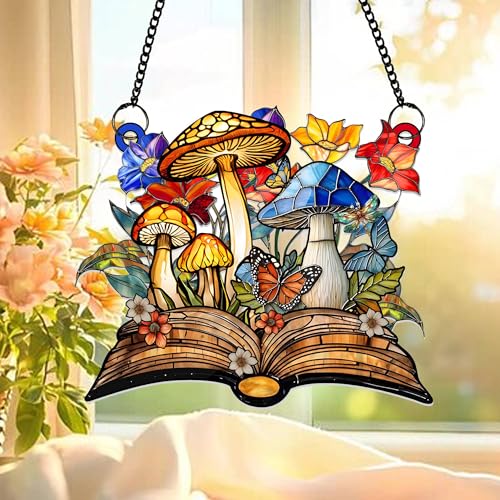 Acrylic Mushroom Book Suncatcher – Butterfly & Flower Fantasy Window Hanging Decor for...