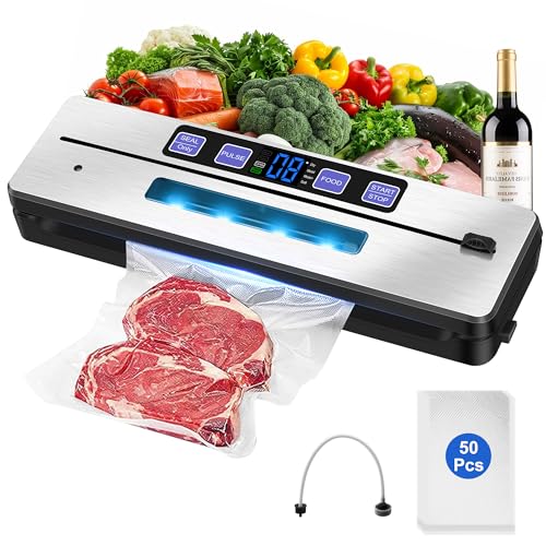 Wooten Vacuum Sealer Machine, Double Heat Seal Food Sealer, Compact Food Vac Pack Machine, Built-in Cutter&Countdown Display, Dry&Moist Modes, 50pcs Vacuum Bags