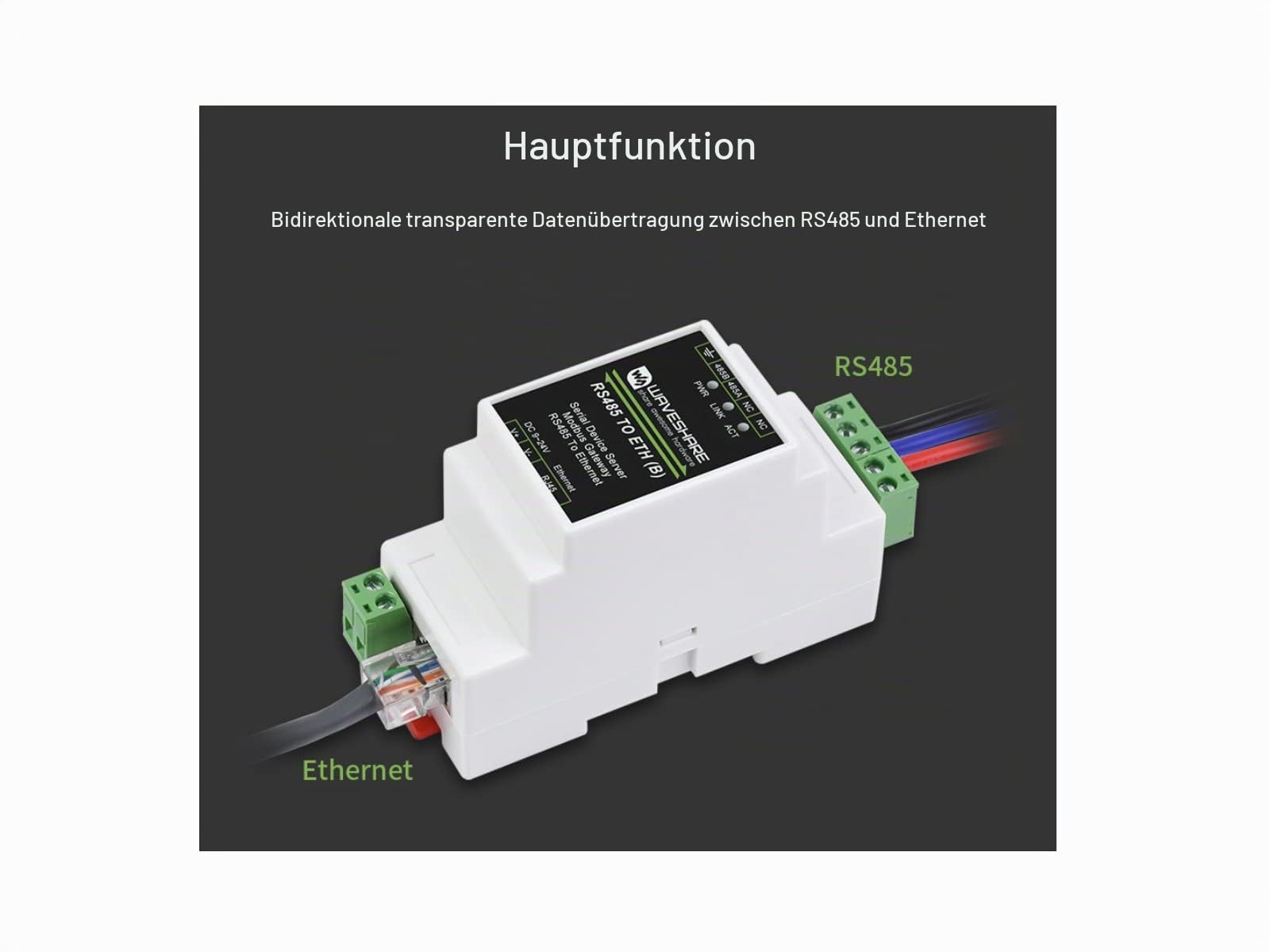 RS485 to RJ45 Ethernet Converter Module, Industrial Rail-mount RS485 Serial Server, TCP/IP to Serial, 300-115200 bps Baudrate, 10/100M Auto-Negotiation