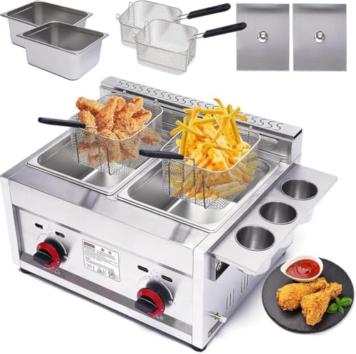 Freidora de gas comercial de acero inoxidable para encimera, de 10 L, 2 unidades, para exteriores, GLP, patatas fritas de pollo con cestas dobles para el hogar