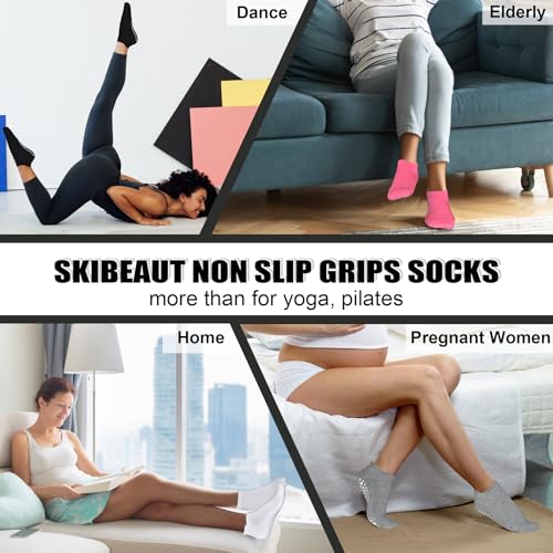 Image of SkiBeaut Grips Non Slip Socks for Women, 4 Pairs Yoga Pilates Anti Skid Woman Hospital Gripper Socks (5-12)