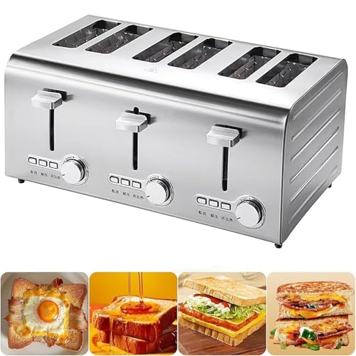 Commercial Toaster, 6 Slices Stainless Steel Toaster with 7 Browning Levels, Frozen/cancel/reheat Function, Auto Pop-up,Removable Crumb Tray,for Toast, Sandwiches, Meatloaf