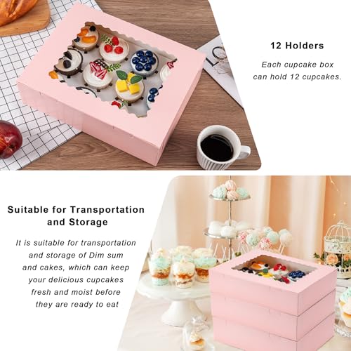 Image of Hoewina 12PCS Cupcake Boxes - Hold 12 Count Cupcake Containers with Window, Food Grade Cupcake Holder Easy Transport and Presentation - Ideal for Cupcakes, Desserts, and More (Pink)
