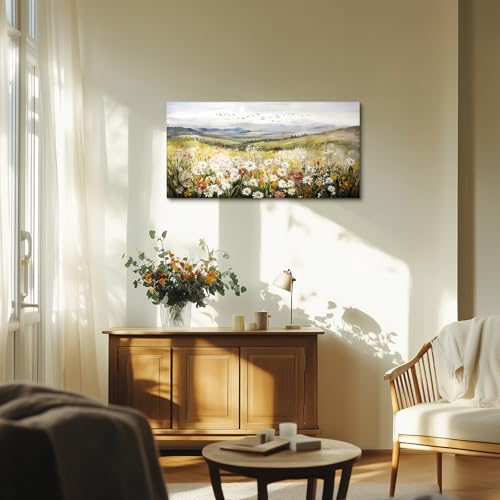 SERIMINO Green Rustic Landscape Wall Art, Mountain Floral Field Large Artwork, Meadow Daisy Scenery Canvas Prints, Nature Wildflower Wall Pictures for Living Room Kitchen Cottage Farmhouse 20X40 Inch
