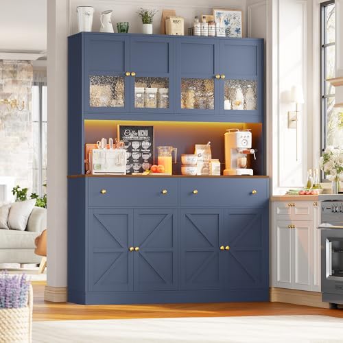 Image of FINETONES 71 inch Pantry Cabinet with LED Light and Charging Station, Farmhouse Kitchen Pantry Cabinet with Microwave Stand, 47.2 inch Wide Kitchen Hutch Food Pantry with Open Countertop, Blue