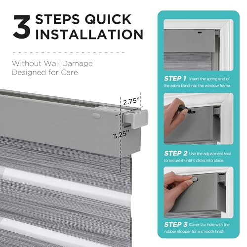 Joydeco No Drill Zebra Blinds for Windows, Cordless Day & Night Dual Sheer Roller Shades, Easy Installation, Free-Stop Lift System, Light Filtering Privacy Blinds for Home(Grey,46" W x 75" H)