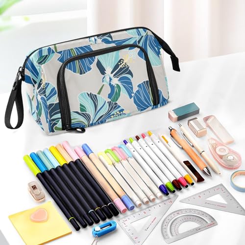 Image of Bolaz Big Capacity Pencil Pen Case Pouch Bag School College Office Organizer for Teens Girls Adults Student-Blue Flower Pattern
